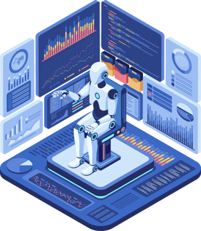 Isometric Ai Robot Analyzing Complex Financial Data