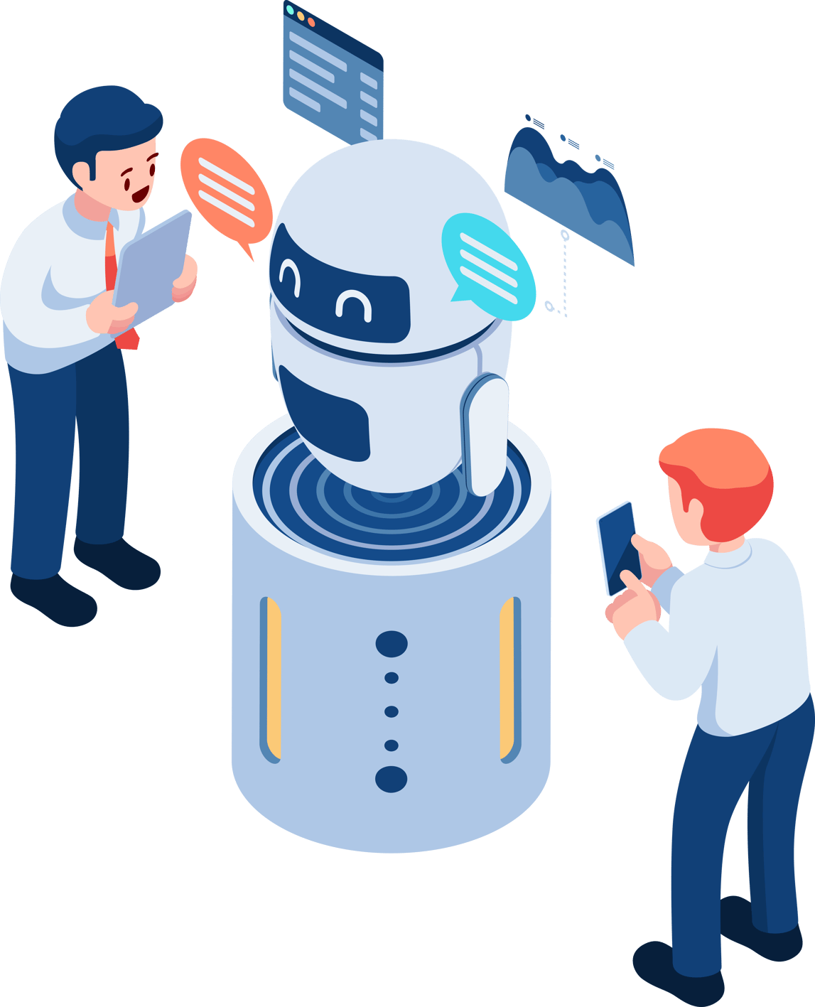 Isometric Businessman use AI or Artificial Intelligence Chatbot